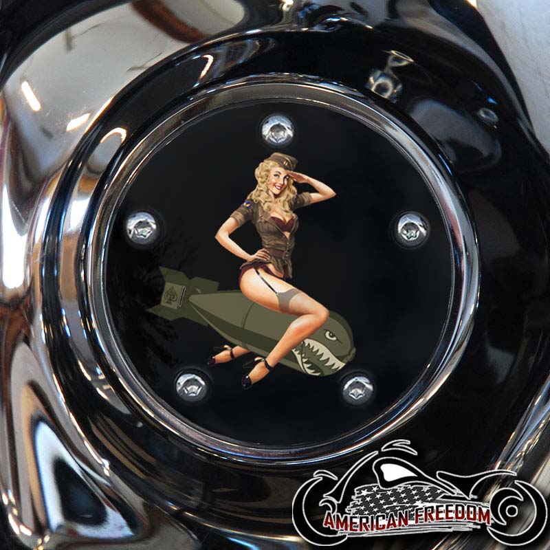 Custom Timing Cover - Pin Up Blond Bomber Girl On Bomb - Click Image to Close
